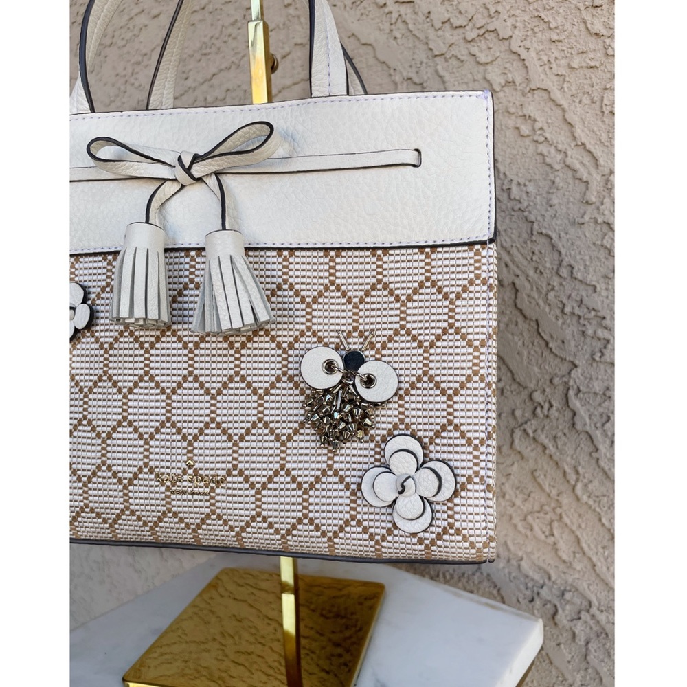 KATE SPADE White & Cream Honeycomb Beaded Bee Leather Crossbody Satchel Bag - Picture 9 of 13